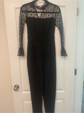 Sheer Polka Dot Long Sleeve Black Jumpsuit